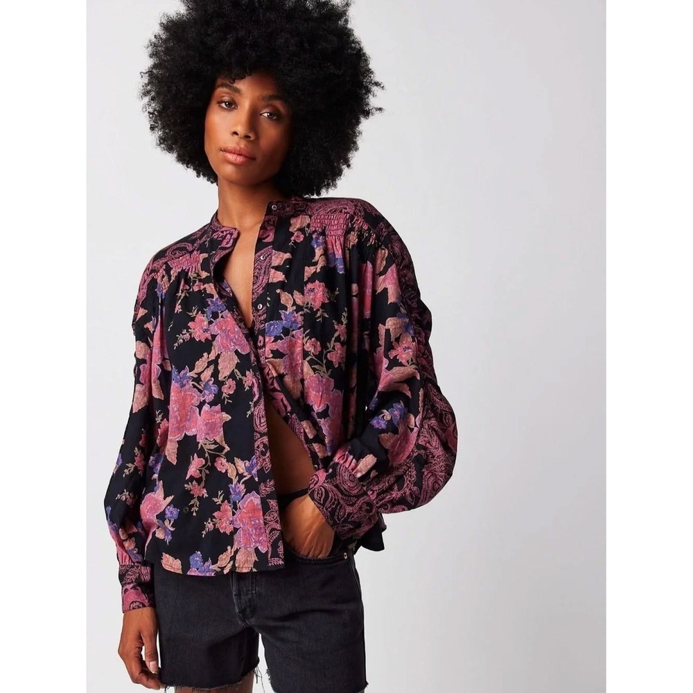 Free People Maraya Paisley Blouse Top M Button Front Ruched Boho Floral Cotton